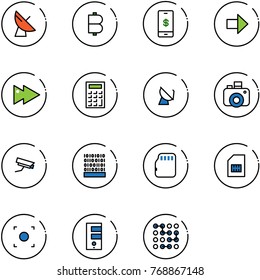 line vector icon set - satellite antenna vector, bitcoin, mobile payment, right arrow, fast forward, calculator, camera, surveillance, binary code, micro flash card, sim, record button, server