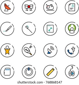line vector icon set - satellite antenna vector, bow, turkey, patient card, scalpel, tooth brush, x ray, man globe, success, badminton, phone, micro flash, standby button, ruler, yoyo