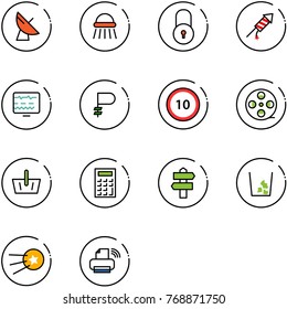 line vector icon set - satellite antenna vector, shower, lock, firework rocket, diagnostic monitor, ruble, speed limit 10 road sign, film coil, basket, calculator, signpost, garbage, first