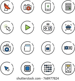 line vector icon set - satellite antenna vector, camera, mobile payment, calculator, cursor, play, joystick wireless, fingerprint scanner, micro flash card, sim, projector, cpu, circuit, multimeter