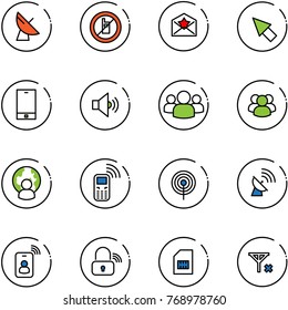 line vector icon set - satellite antenna vector, no mobile sign, star letter, cursor, phone, volume medium, group, man globe, identity card, wireless lock, sim, signal