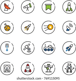 line vector icon set - satellite antenna vector, telescope, flag, rocket, moon, first, laser, rover, hdd, robot