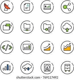 line vector icon set - satellite antenna vector, patient card, account statistics, share, folder, network, shared, upload cloud, tag code, rise, growth, chart, exchange data, hdd, tool cabinet