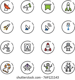 line vector icon set - satellite antenna vector, telescope, flag, rocket, laser, hdd, robot, teethers, ufo toy