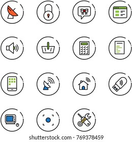 line vector icon set - satellite antenna vector, lock, bow message, website, volume medium, basket, calculator, document, mobile, wireless home, usb wi fi, monoblock pc, record button