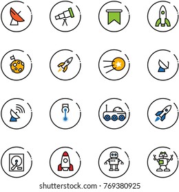 line vector icon set - satellite antenna vector, telescope, flag, rocket, moon, first, laser, rover, hdd, robot
