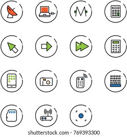 line vector icon set - satellite antenna vector, netabook connect, monero, calculator, cursor, right arrow, fast forward, mobile, photo, remote control, binary code, micro flash card, wi fi router