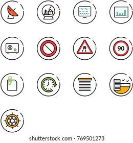 line vector icon set - satellite antenna vector, snowball house, diagnostic monitor, statistics, safe, prohibition road sign, slippery, speed limit 90, attachment, clock around, jalousie, hotel