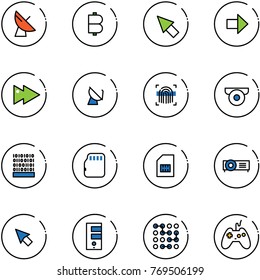 line vector icon set - satellite antenna vector, bitcoin, cursor, right arrow, fast forward, fingerprint scanner, surveillance camera, binary code, micro flash card, sim, projector, server, circuit