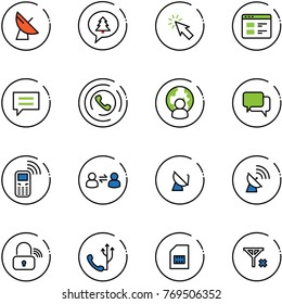 line vector icon set - satellite antenna vector, merry christmas message, cursor, website, chat, phone horn, man globe, dialog, mobile, information exchange, wireless lock, sim, no signal
