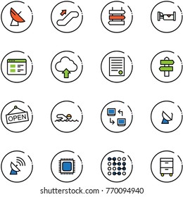 line vector icon set - satellite antenna vector, escalator up, sign post, hotel, website, upload cloud, agreement, signpost, open, swimming, data exchange, cpu, circuit, tool cabinet