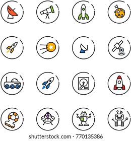 line vector icon set - satellite antenna vector, telescope, rocket, moon flag, first, rover, hdd, teethers, ufo toy, robot