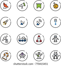 line vector icon set - satellite antenna vector, telescope, flag, moon, rocket, laser, rover, robot, teethers, ufo toy