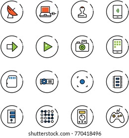 line vector icon set - satellite antenna vector, netabook connect, stamp, mobile payment, right arrow, play, camera, micro flash card, projector, record button, chip, server, circuit, multimeter