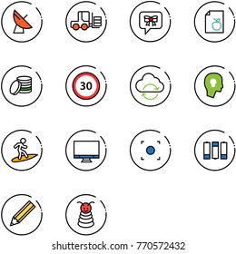 line vector icon set - satellite antenna vector, fork loader, bow message, diet list, coin, speed limit 30 road sign, refresh cloud, head bulb, surfing, monitor, record button, battery, pencil