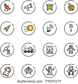 line vector icon set - satellite antenna vector, telescope, flag, moon, rocket, first, laser, rover, hdd, robot, teethers, ufo toy