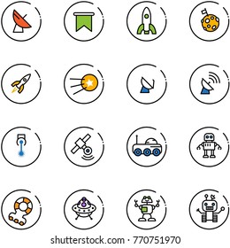 line vector icon set - satellite antenna vector, flag, rocket, moon, first, laser, rover, robot, teethers, ufo toy