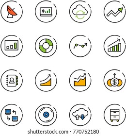 line vector icon set - satellite antenna vector, account statistics, refresh cloud, growth arrow, circle chart, point, contact book, rise, dollar, data exchange, cd, tool cabinet