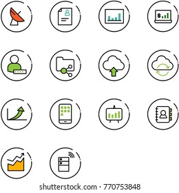 line vector icon set - satellite antenna vector, patient card, statistics, account, user password, shared folder, upload cloud, refresh, growth arrow, mobile, presentation chart, contact book