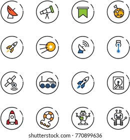 line vector icon set - satellite antenna vector, telescope, flag, moon, rocket, first, laser, rover, hdd, teethers, robot