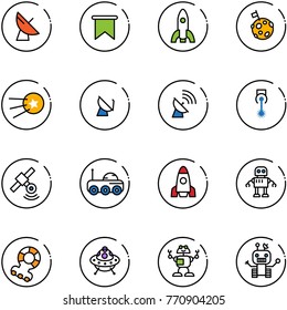 line vector icon set - satellite antenna vector, flag, rocket, moon, first, laser, rover, robot, teethers, ufo toy