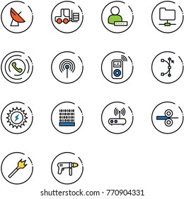 line vector icon set - satellite antenna vector, fork loader, user password, network folder, phone horn, music player, bezier, sun power, binary code, wi fi router, steel rolling, wood drill