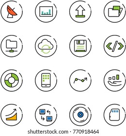 line vector icon set - satellite antenna vector, statistics, uplooad, folder, network, refresh cloud, save, tag code, circle chart, mobile, point arrow, growth, rise, data exchange, cd