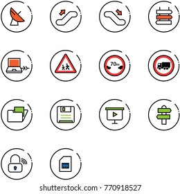 line vector icon set - satellite antenna vector, escalator up, down, sign post, netabook connect, children road, limited distance, no truck, folder, save, presentation board, signpost, wireless lock