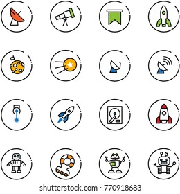 line vector icon set - satellite antenna vector, telescope, flag, rocket, moon, first, laser, hdd, robot, teethers