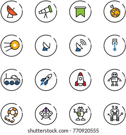 line vector icon set - satellite antenna vector, telescope, flag, moon, first, laser, rover, rocket, robot, teethers, ufo toy