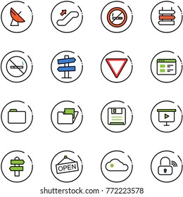 line vector icon set - satellite antenna vector, escalator up, no smoking sign, post, road signpost, giving way, website, folder, save, presentation board, open, cloud, wireless lock