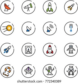 line vector icon set - satellite antenna vector, telescope, rocket, first, laser, hdd, robot, teethers, ufo toy