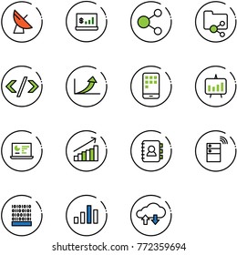 line vector icon set - satellite antenna vector, account statistics, share, shared folder, tag code, growth arrow, mobile, presentation chart, monitor, contact book, server wireless, binary