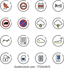 line vector icon set - satellite antenna vector, no smoking sign, post, hotel, truck road, parking, download cloud, upload, chart point arrow, agreement, growth, wireless lock, sim, chip, server