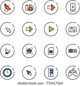 line vector icon set - satellite antenna vector, camera, right arrow, mobile payment, cursor, play, photo, fingerprint scanner, sim, projector, clock, server, joystick