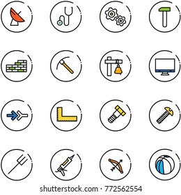 line vector icon set - satellite antenna vector, stethoscope, gears, work, brick wall, rock axe, ship bell, monitor, connect, corner ruler, bolt, screw, farm fork, gun sealant, bow, basketball