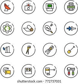 line vector icon set - satellite antenna vector, terrorism, atm, printer, gear globe, mat, badminton, connect, oil derrick, plumber, bolt cutter, shovel, machine tool, box, laser lever, fork toy