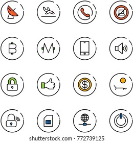 line vector icon set - satellite antenna vector, arrival, phone, no computer sign, bitcoin, monero, volume medium, locked, like, dollar, lounger, wireless lock, sim, globe, standby button