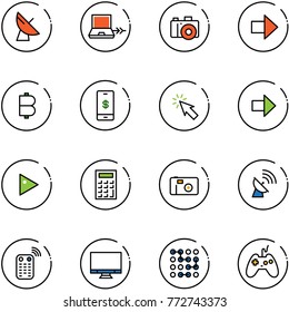 line vector icon set - satellite antenna vector, netabook connect, camera, right arrow, bitcoin, mobile payment, cursor, play, calculator, photo, remote control, monitor, circuit, joystick