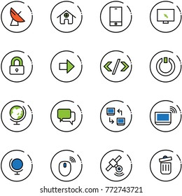 line vector icon set - satellite antenna vector, home, phone, monitor cursor, locked, right arrow, tag code, standby, globe, dialog, data exchange, notebook wi fi, mouse wireless, trash bin