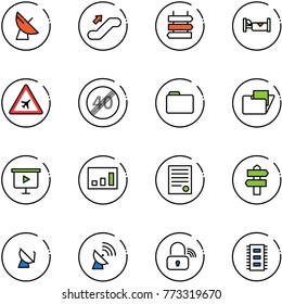 line vector icon set - satellite antenna vector, escalator up, sign post, hotel, airport road, end speed limit, folder, presentation board, statistics, agreement, signpost, wireless lock, chip