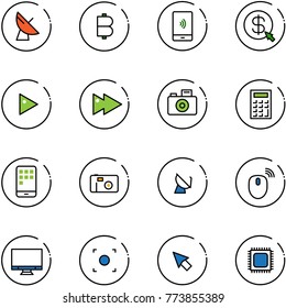line vector icon set - satellite antenna vector, bitcoin, mobile payment, money click, play, fast forward, camera, calculator, photo, mouse wireless, monitor, record button, cursor, cpu