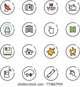 line vector icon set - satellite antenna vector, suitcase, vip, turkey, mri, money chest, hand touch, pause, save, home, sea turtle, fire, server wireless, cloud exchange data, level