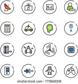 line vector icon set - satellite antenna vector, terrorism, account statistics, user password, calculator, electric car, brain work, laser, sun panel, robot, wind mill, cpu, server, connect