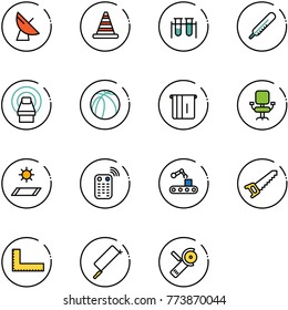 line vector icon set - satellite antenna vector, road cone, vial, thermometer, mri, basketball ball, atm, office chair, mat, remote control, conveyor, saw, corner ruler, metal hacksaw