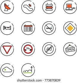 line vector icon set - satellite antenna vector, escalator down, sign post, netabook connect, hotel, schedule, no smoking, main road, giving way, limited distance, end speed limit, open, cloud