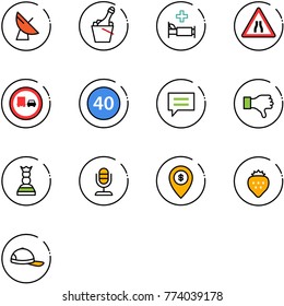 line vector icon set - satellite antenna vector, champagne, hospital bed, Road narrows sign, no truck overtake, minimal speed limit, chat, dislike, chess queen, microphone, atm map pin, strawberry