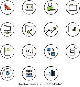 line vector icon set - satellite antenna vector, account statistics, user password, folder, network, shared, growth arrow, mobile, contact book, data exchange, server wireless, cd, binary code