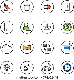 line vector icon set - satellite antenna vector, trash bin, right arrow, mobile payment, phone, user password, basket, dollar, cloud, money, data exchange, notebook wi fi, car wireless, clock
