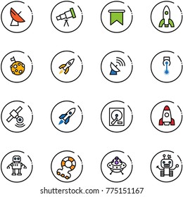 line vector icon set - satellite antenna vector, telescope, flag, rocket, moon, laser, hdd, robot, teethers, ufo toy